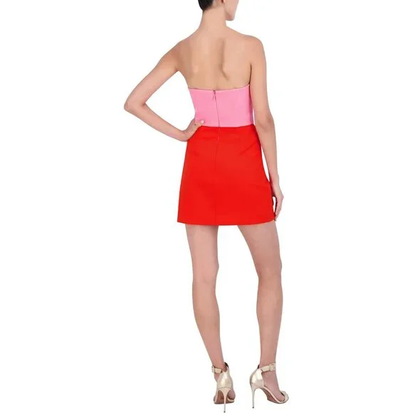 BCBG Colorblock Strapless Mini Dress in Pink and Fiery Orange, Size L - Picture 3 of 8